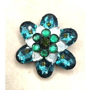Rhinestone Green, Blue Colored Floral Pin